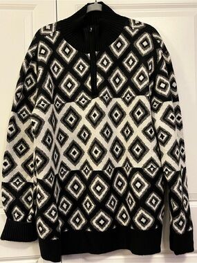Black & White Geometric Half-Zip Turtleneck Sweater